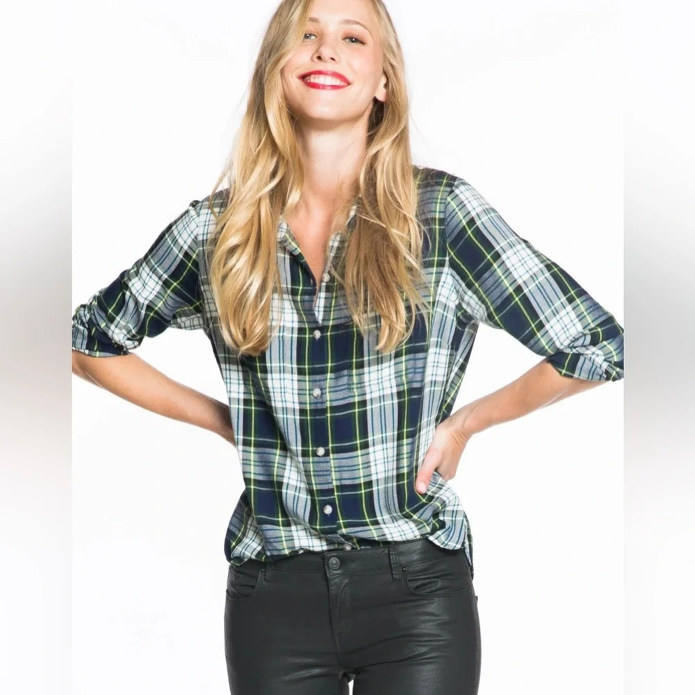 Marine Layer The Dahlia Plaid Shirt Green Navy White Yellow Smal